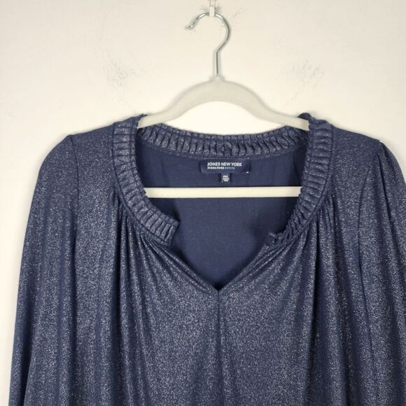 Jones New York Metallic Top Navy Silver Peplum Long Sleeve Pullover Size MP - Picture 6 of 15